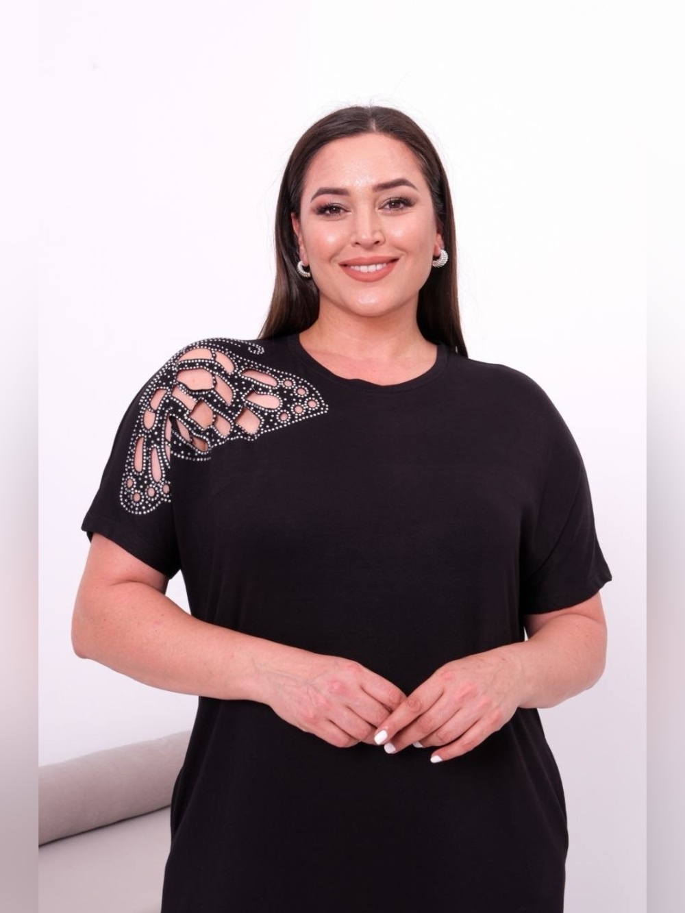 Black Short Sleeve Top with Rhinestone Cutout Shoulder